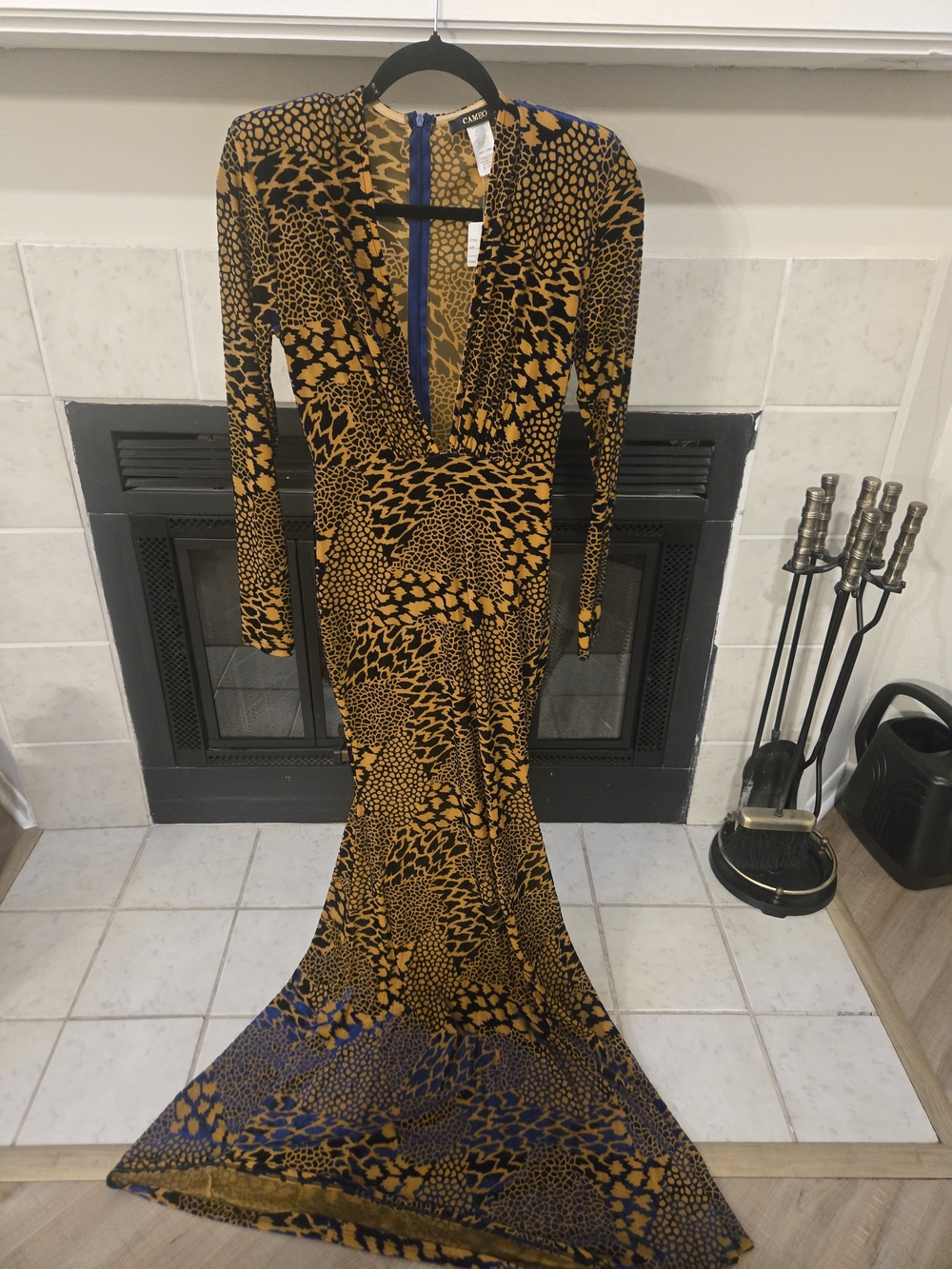 cameo Deep V Long Sleeve Maxi Dress in Mustard and Navy